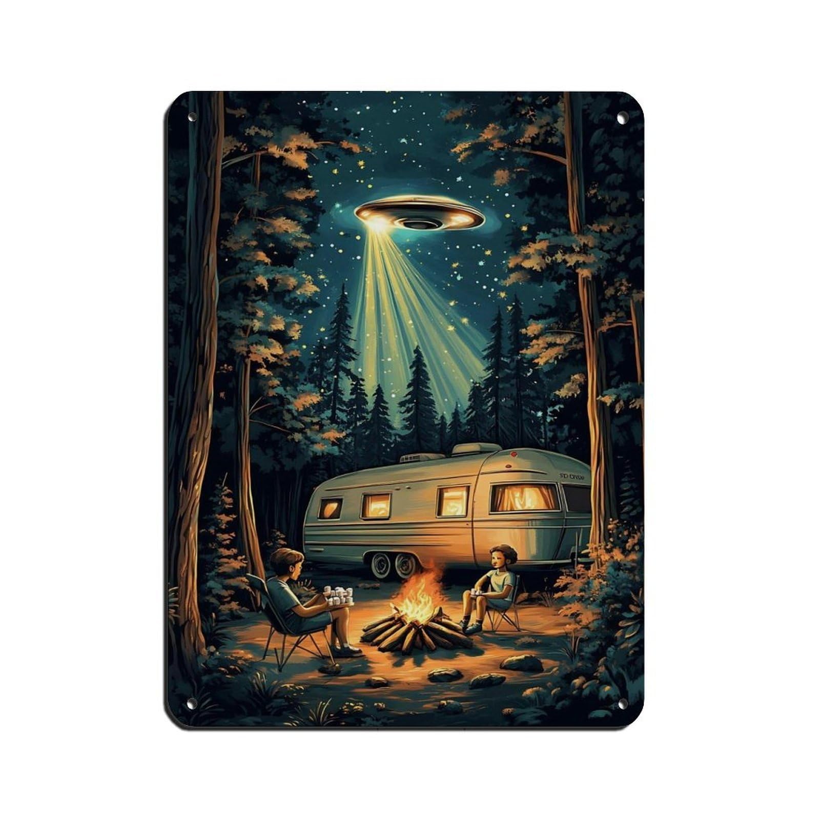 Retro UFO Camping Surreal Night Scene Retro Poster Metal Tin Sign Chic Art Retro Iron Painting Bar People Cave Cafe Family Garage Poster Wall Decoration 12x16inch(30x40cm)