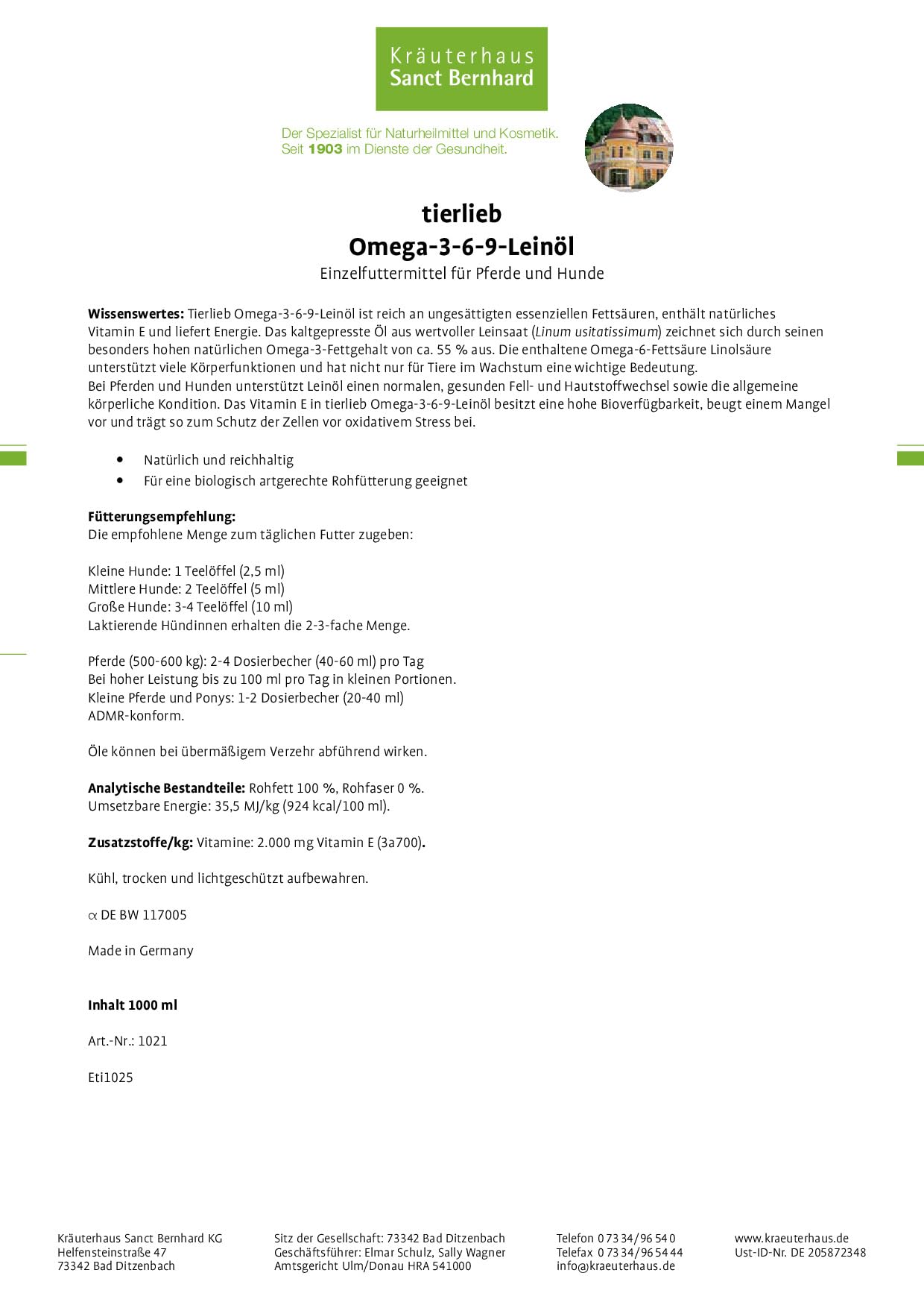 Tierlieb Omega-3-6-9 Aceite de linaza para caballos y perros, rico en ácidos grasos esenciales insaturados, con vitamina E natural, 1 litro