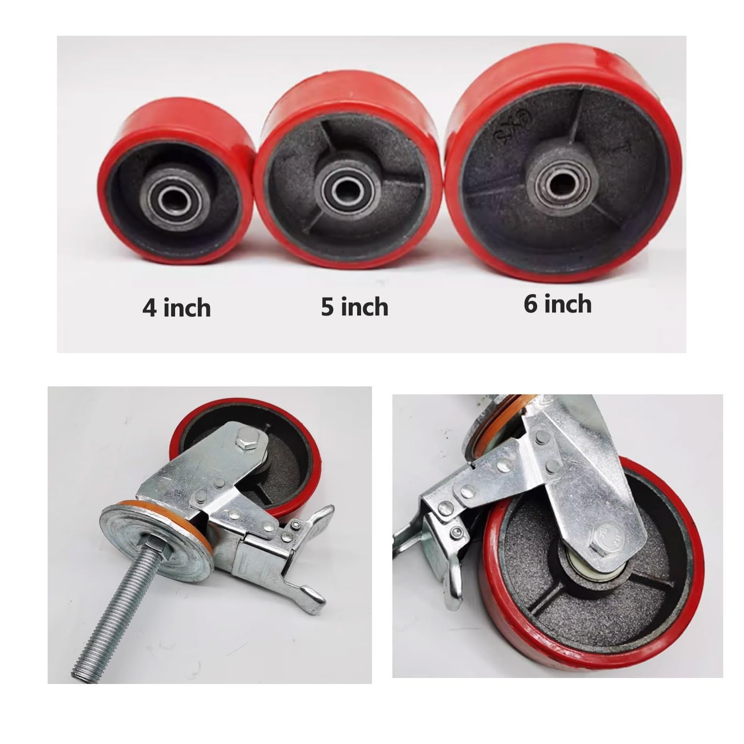 roulettes Robustes à Tige filetée M16 - Lot de 4 roulettes industrielles en Fonte de 100 mm avec Frein, pour établi, Chariot et mobilier.