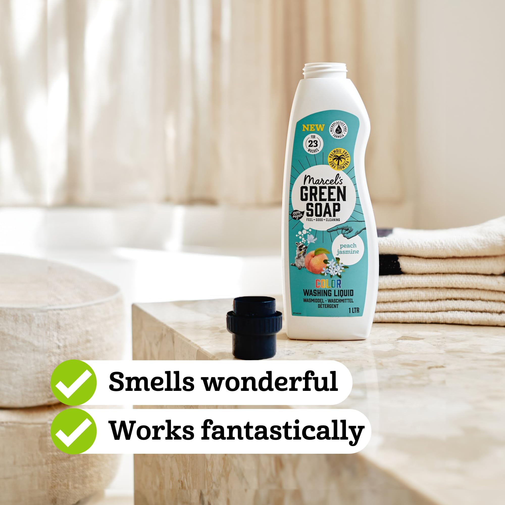 Marcel's Green Soap - Lessive Liquide Pêche & Jasmin - Lessive - Couleur - Végétalien - Rechargeable - 1L (lot de 6)