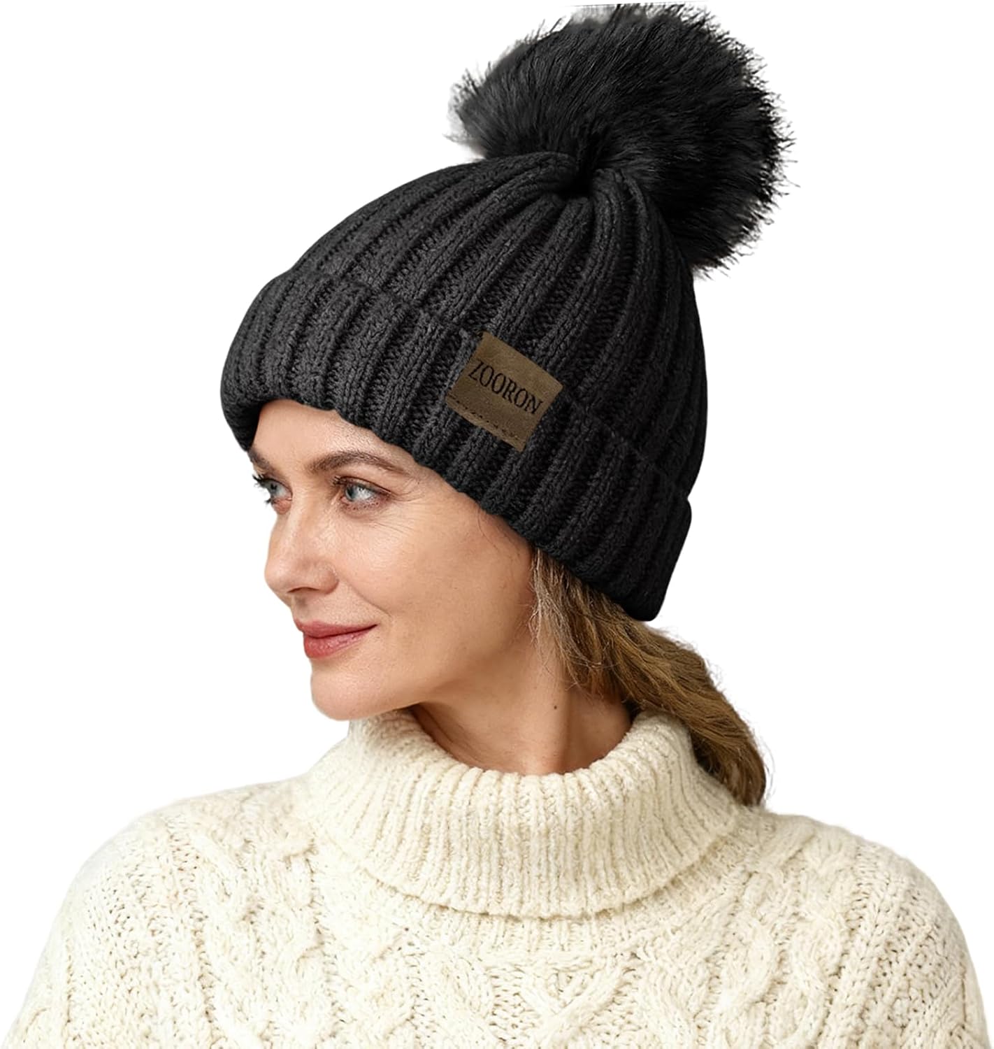 ZOORON Beanies for Womens Winter Knitted Beanies Hats with Faux Fur Pom Warm Knit Skull Cap