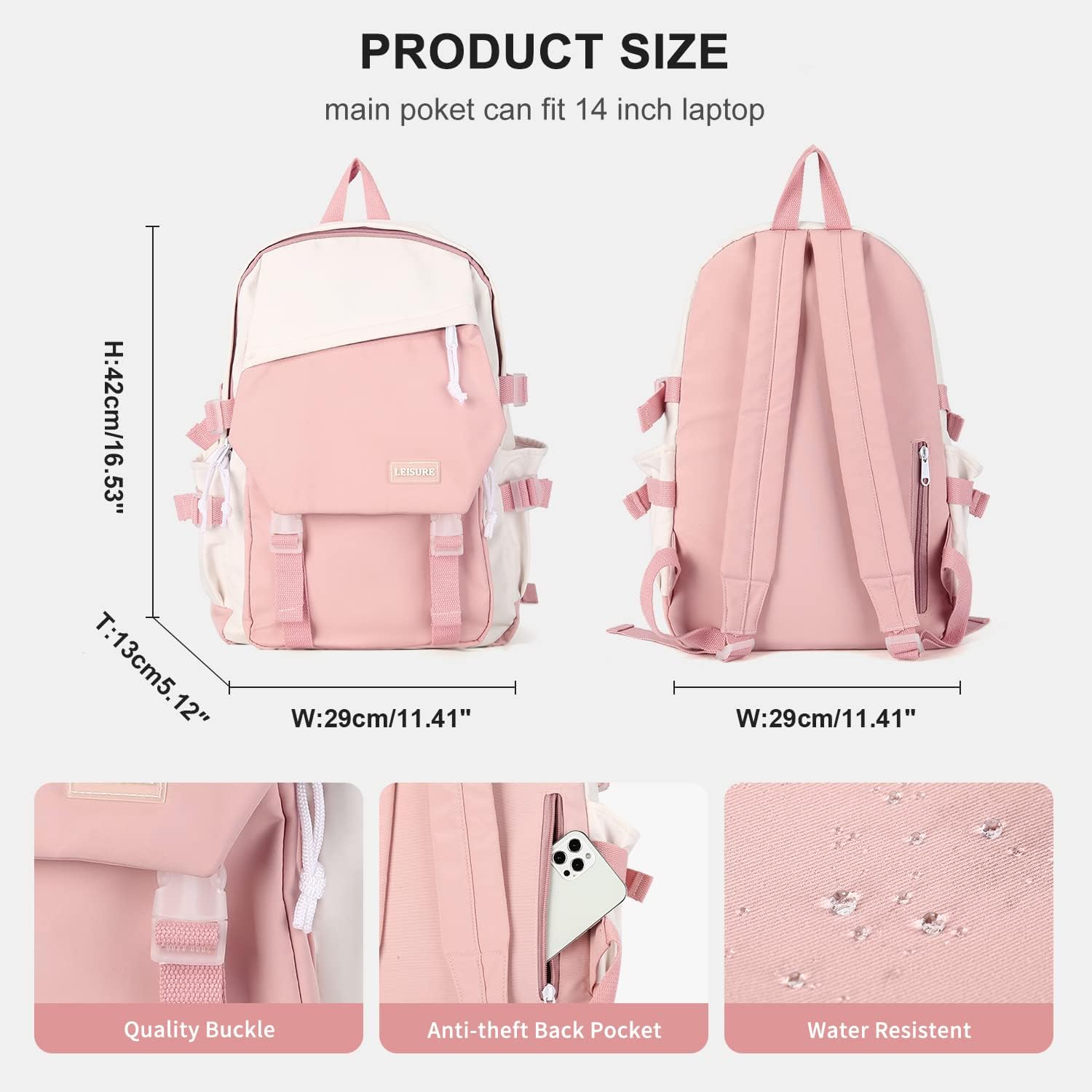 coowoz School Bag Lightweight Casual Daypack College Laptop Backpack for Men Women Water Resistant Travel Rucksack for Sports High School Middle Bookbag for girls(Pink white)