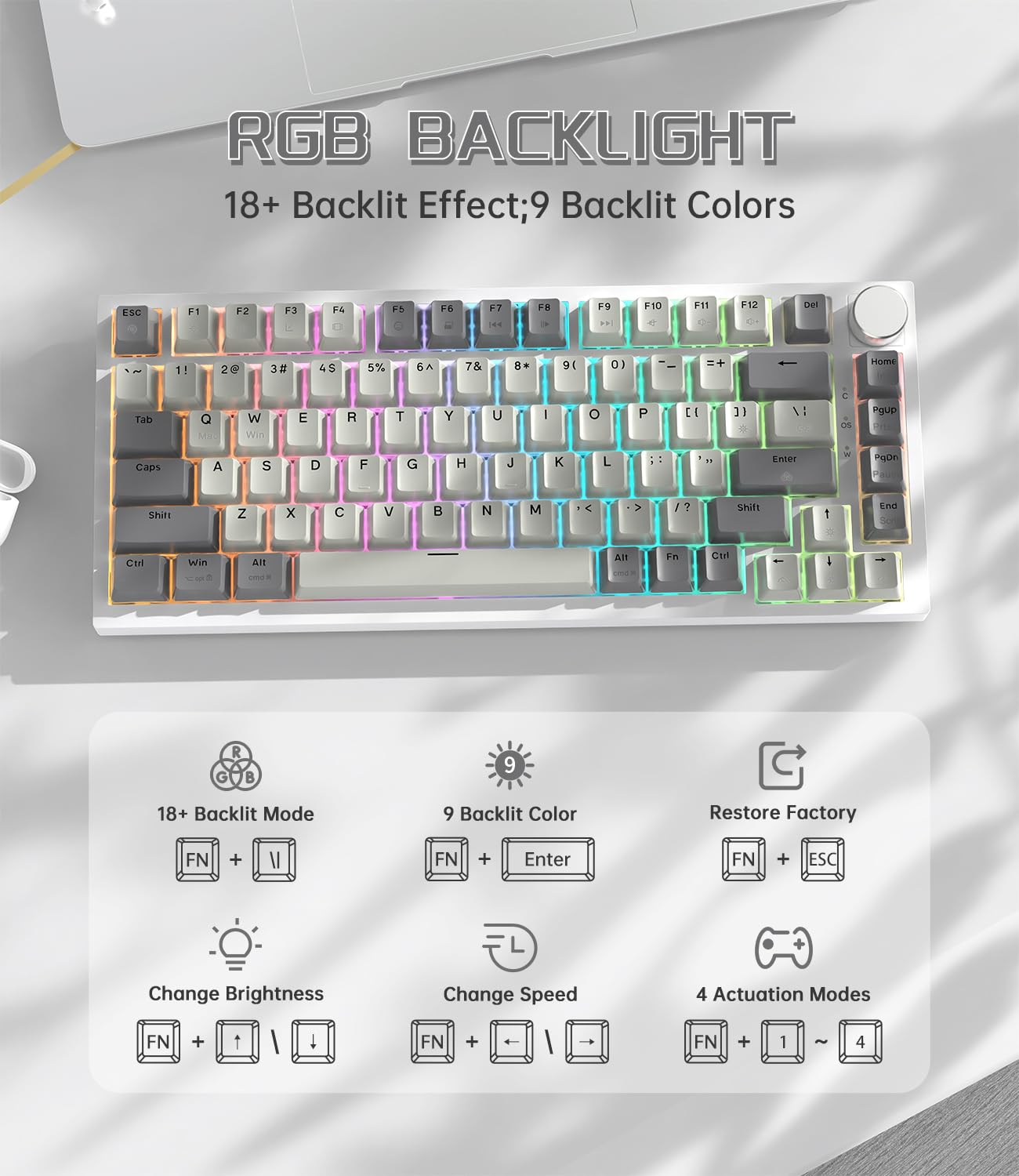 LexonElec x ATTACK SHARK K85 Tastiera Meccanica Rapid Trigger, Switch Magnetico da Gioco, Cloud Driver, Backlit RGB LIGHTSYNC, 75% Tastiera QWERTY TKL Gasket Cablata con Manopola per Win/Mac-Grigio