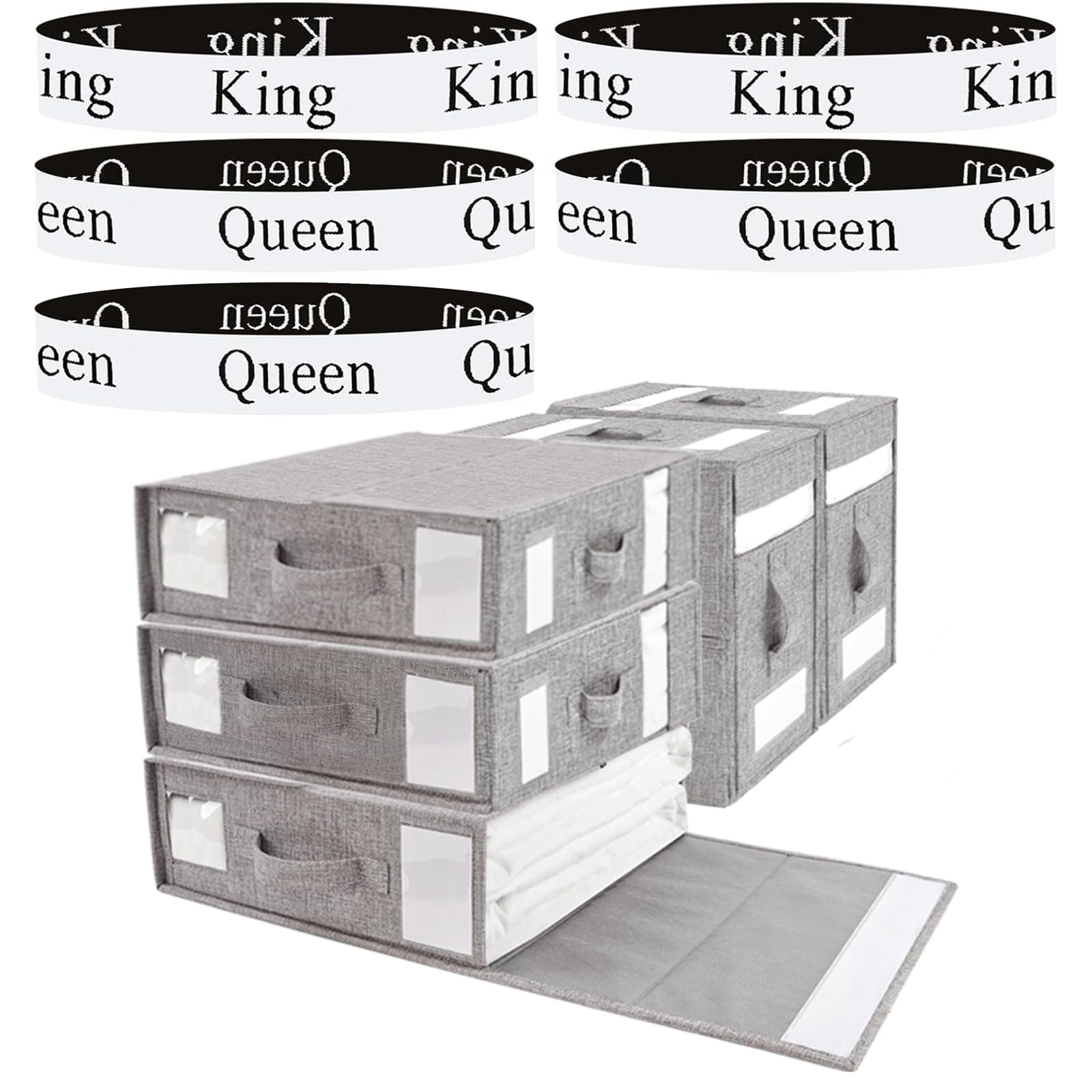 Frlanse 5 Pack Foldable Bed Sheet Organizer and Storage With 5 Bed Sheet Organizer Bands Linen Storage Box Container (King&Queen) For Closet Sheets Set Bedding Duvet Covers and Pillow Cases