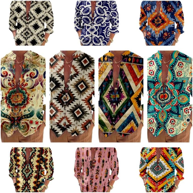 Mens Long Sleeve Button Down Shirts Aztec Printed Collar Muscle Loose Fit Fashion Cool Novelty Summer Shirt - Image 3