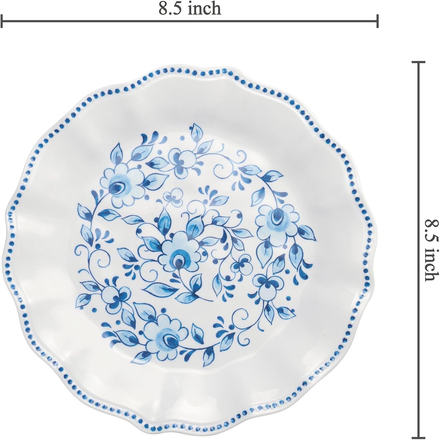 UP Blue and White Floral Melamine Salad Plate Set, Flower Shaped Plates with Beaded Edge for Risotto, Pasta, and Salad, BPA-Free, Dishwasher Safe, Blue, 8.5 Inch, Set of 6