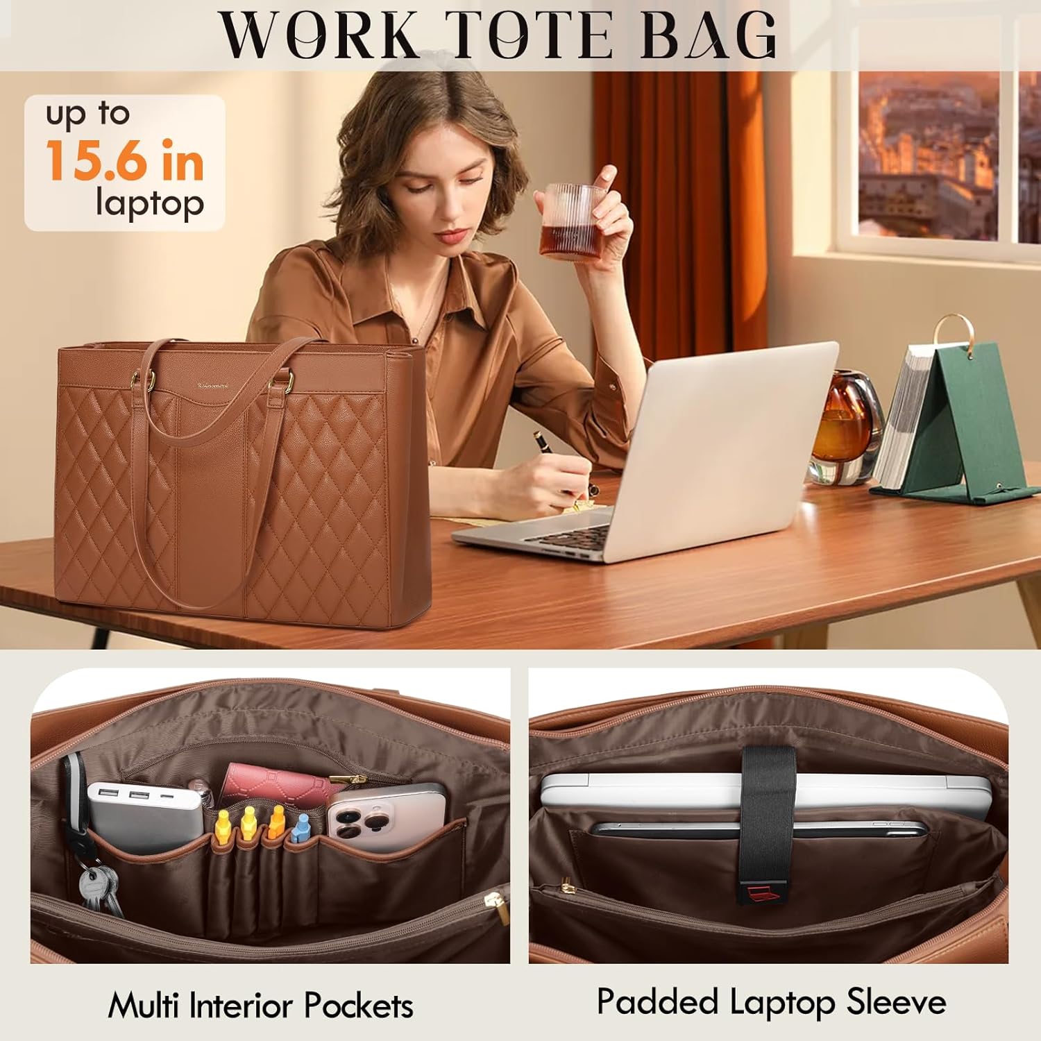 RAINSMORE Laptop Bag for Women 15.6 Inch Work Tote Bags Leather Laptop Tote Professional Laptop Purse Computer Handbag Womens Briefcase Tote with Clutch for Teacher Office Travel, Brown - Image 3