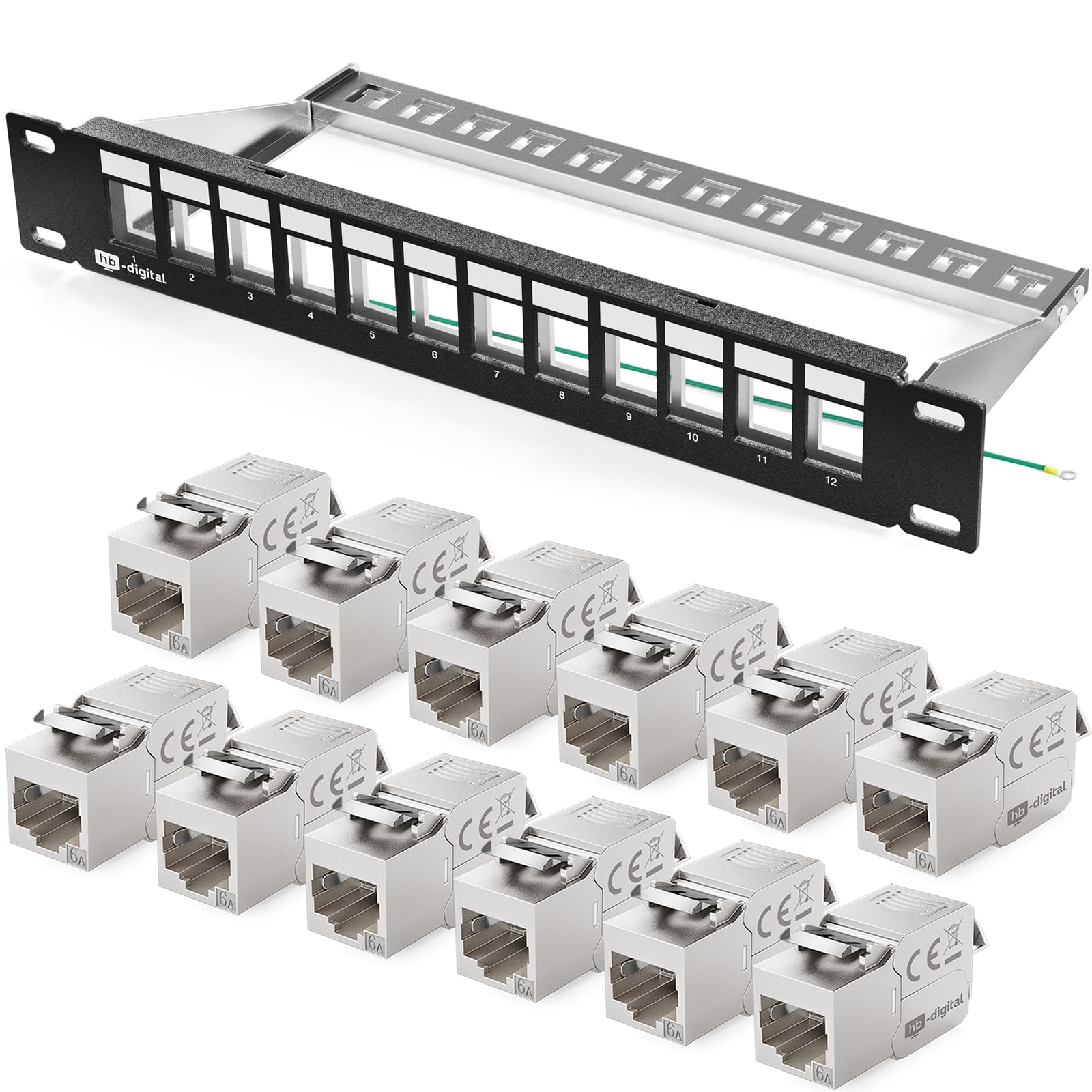 hb-digital Panel krosowy 12 portów 1HE sieć krosowa z 12 modułami CAT 8 Keystone, gniazda RJ45 do kabla Ethernet LAN 40 Gbit, nadaje się do montażu w stelażu 10", szafka sieciowa - czarny