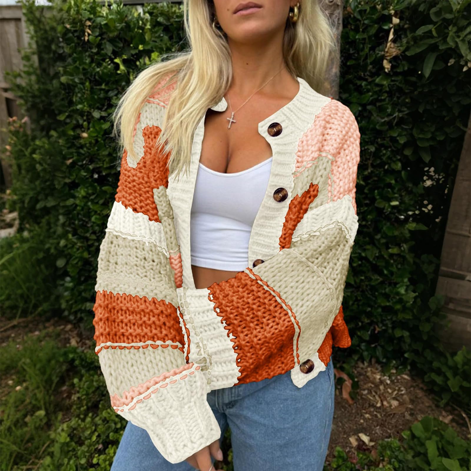 Strickjacke Damen Kurz Grobstrickjacke Puffärmel Übergangsjacke Casual