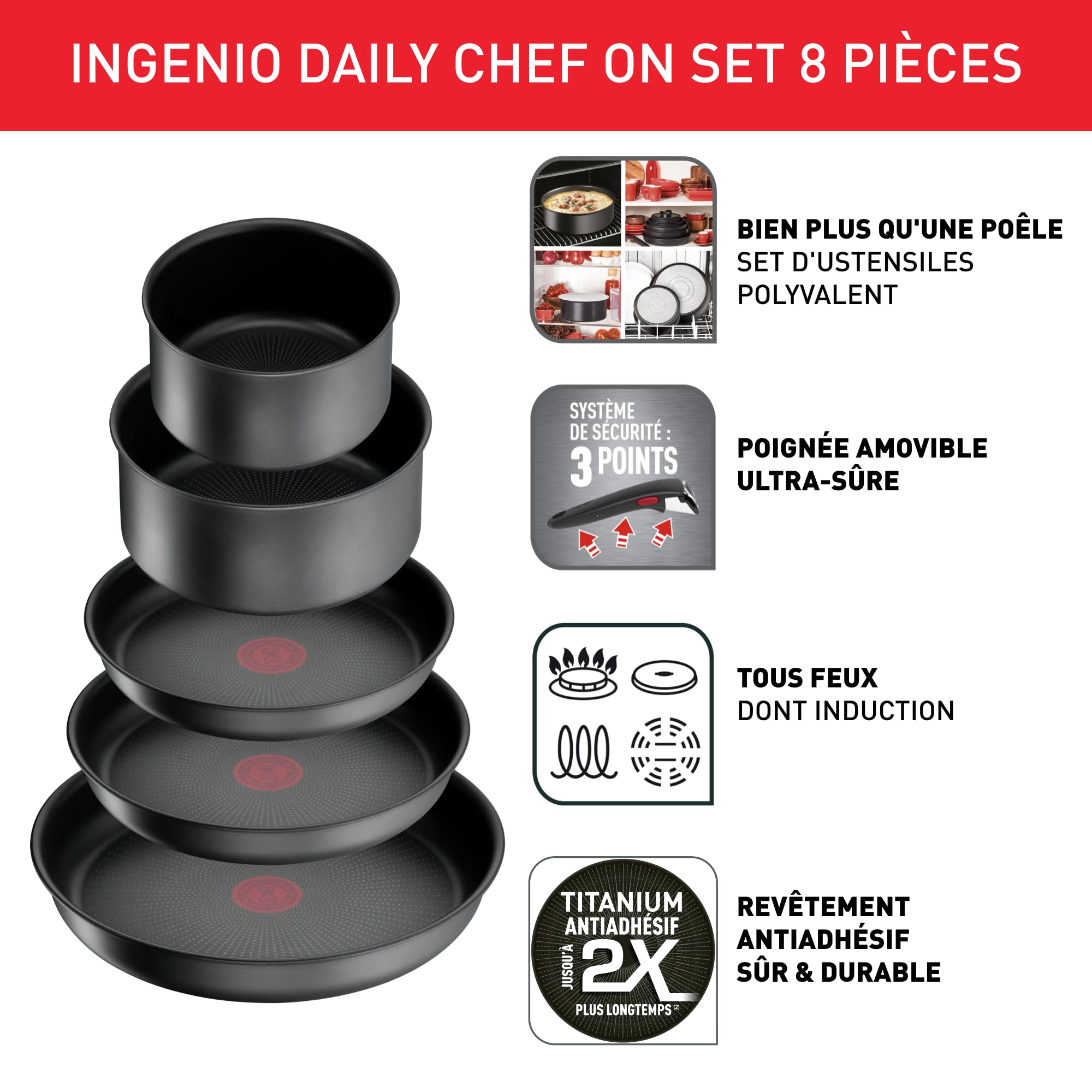 Image secondaire de Batterie de Cuisine Tefal Ingenio 8 Pièces - Poêles et Casseroles Empilables