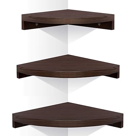 OROPY 3 Tier Radial Corner Shelves for Wall , Solid Wood Floating Corner Storage Shelves - Ideal for Display of Books, Small Plant, Photos, Wall Décor ( One Set of 3 )
