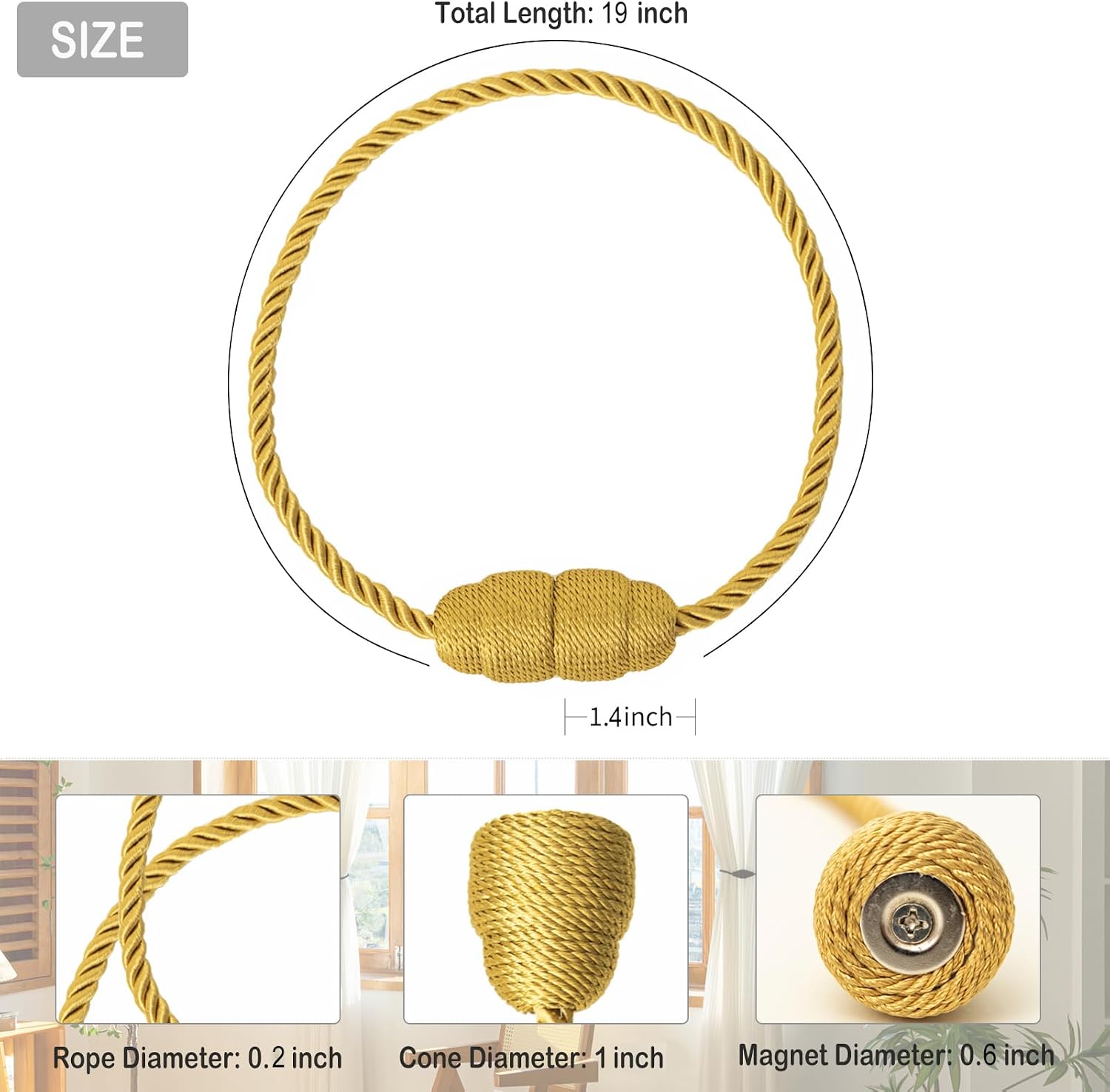 Magnetic Curtain Tiebacks Rope Curtain Tie Backs for Curtains 6 Pack Curtain Holders for Drapes Decorative Window Curtain Holdbacks, Gold image 2