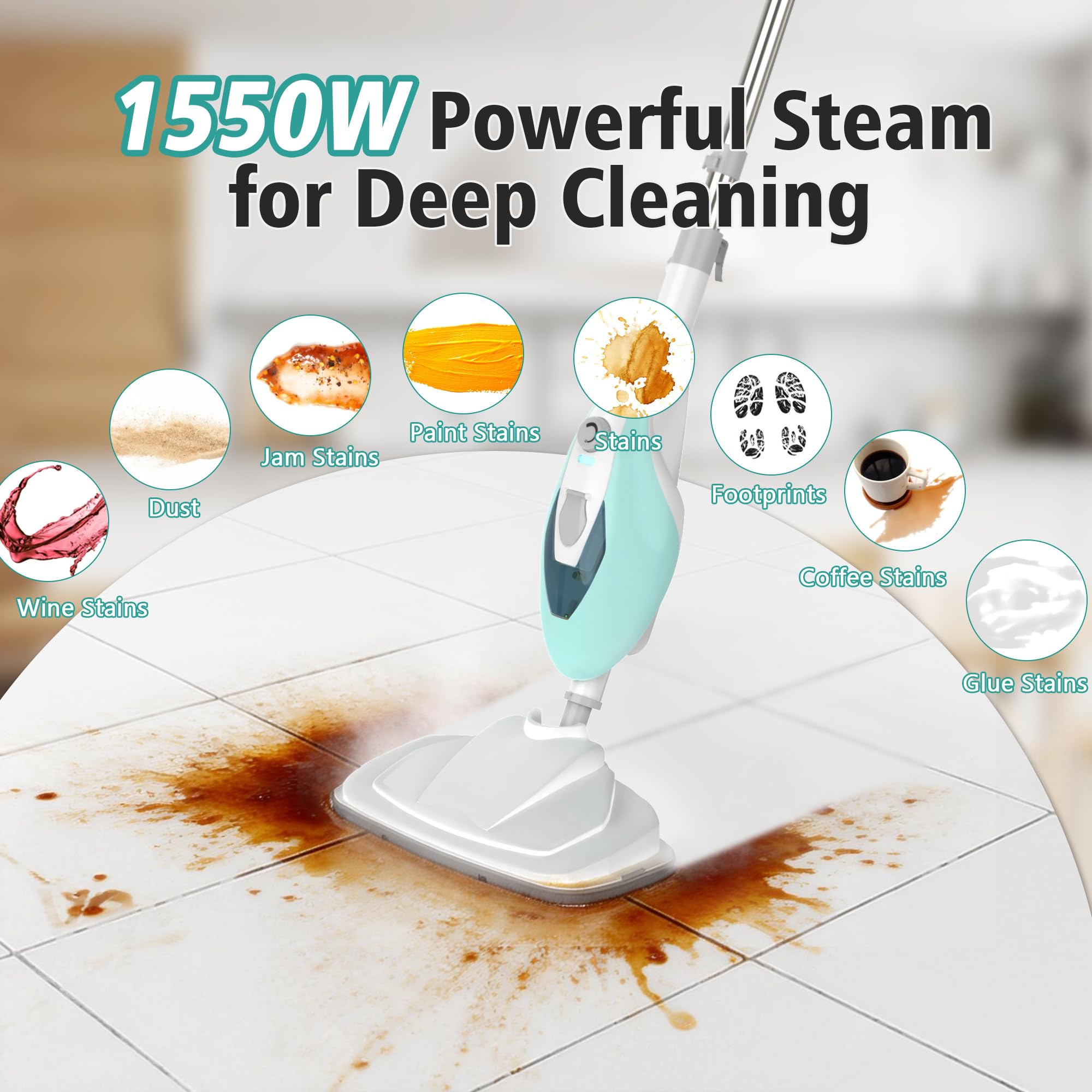 Pulitore a vapore domestico, pulitore a vapore portatile per pavimenti, leggero All-in-1, vaporizzatore rimovibile in piastrelle di legno duro, 2 cuscinetti auricolari lavabili, 1550 W di