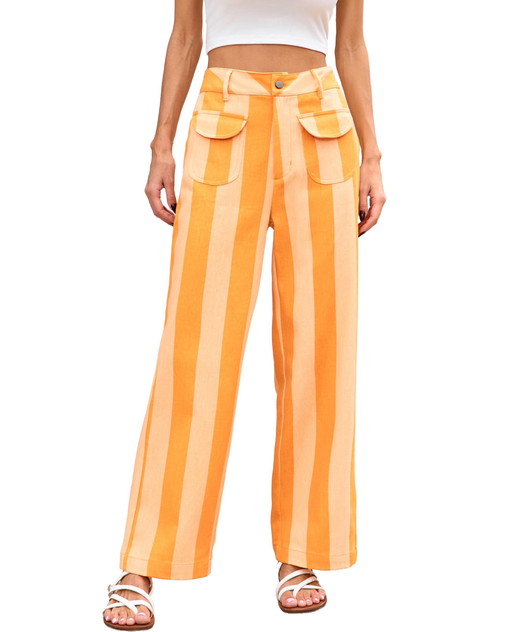 Womens Striped Color Block Jeans Casual High Waisted Straight Leg Baggy Denim Pants with Pockets