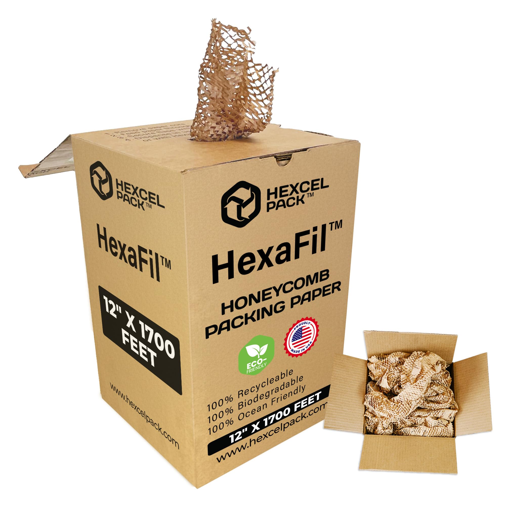 HexcelPack HexaFil Honeycomb Packing Paper - Eco-Friendly, Sustainable Filler for Shipping and Moving, Cushioned Packing Material in Dispenser Box, Alternative to Bubble Wrap - Natural, 12" x 1700'
