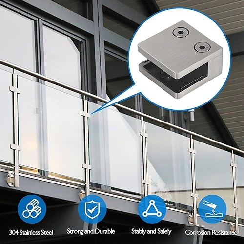 Miniatura 9 de LukLoy 4 abrazaderas de vidrio cepillado para barandilla de vidrio, soportes de vidrio cuadrados de acero inoxidable con parte trasera plana para