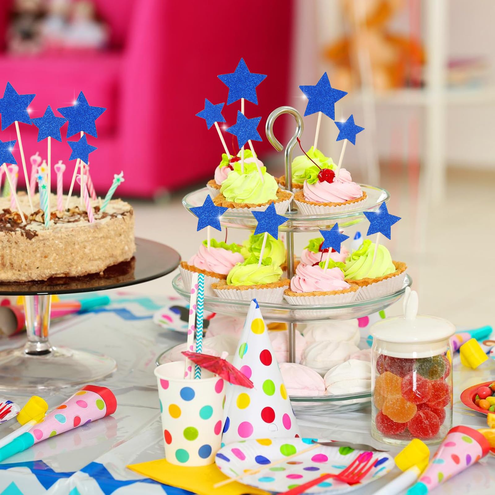 Decoración Para Tarta De Cumpleaños | 6 Estrellas Brillantes Con Palillos | Adornos Cupcakes, Tartas, Postres | Fiestas Infantiles Y Adultas