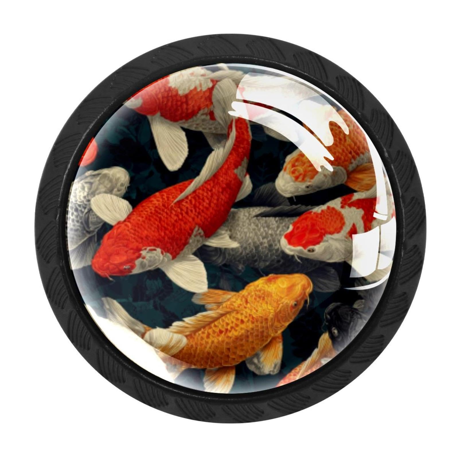 CHENZZZZ 4 Pieces Fish. Koi Carp Pattern (9) Drawer Knobs, 35mm Black Kitchen Cabinet Knobs, Drawer Pulls and Knobs, Glass Cabinet Hardware Single Hole Knob for Cabinets and Drawers Round