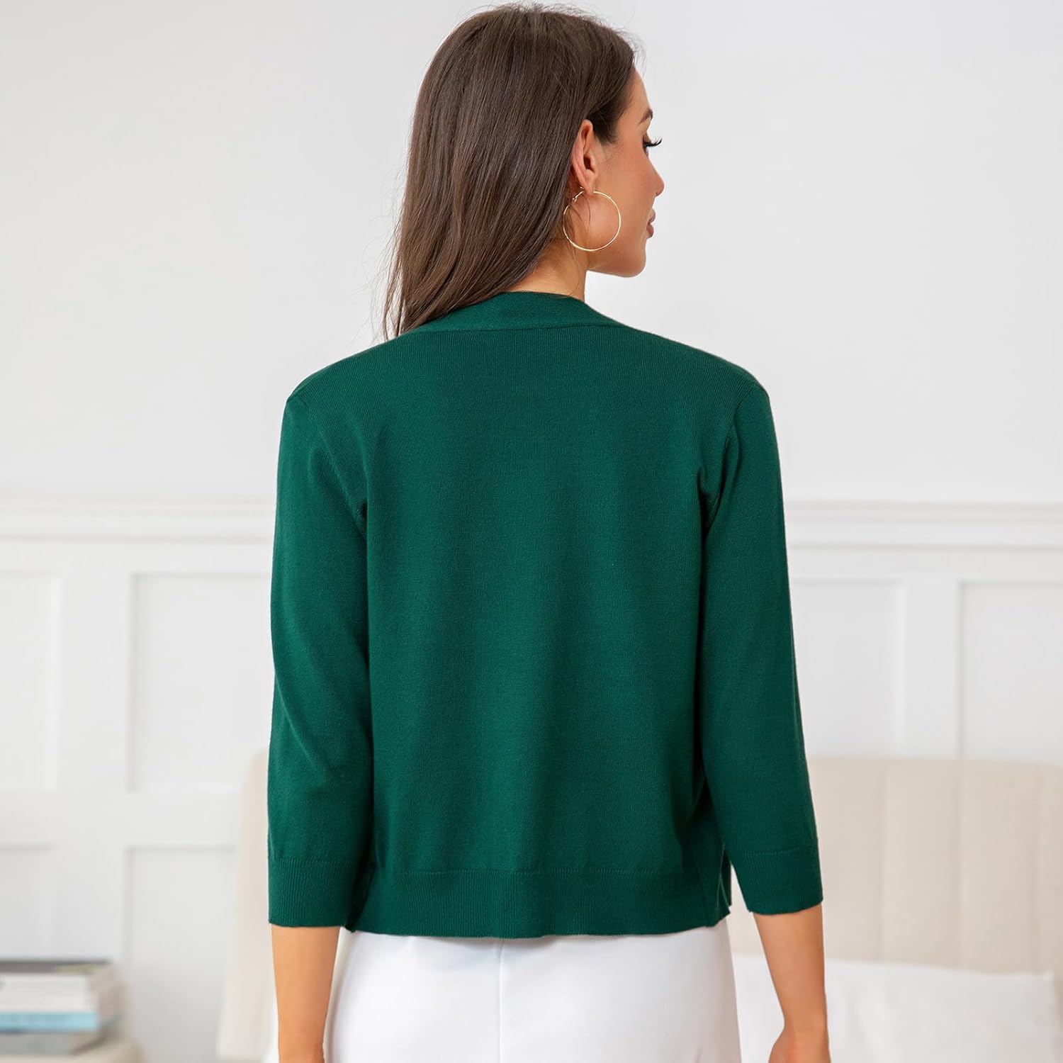 Women's Cropped Open Front Knit Cardigan V-Neck 3/4 Sleeve Lightweight Bolero Short Shrugs Sweaters Tops - Image 5