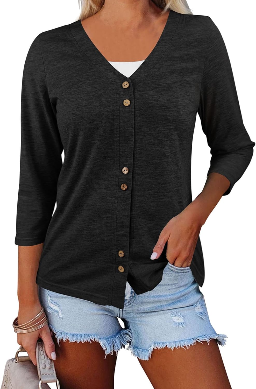 Dailiup Women’s V Neck 3/4 Sleeve T-Shirts Button Down Cardigans Casual Solid Tunic Tops Basic Tees Blouses