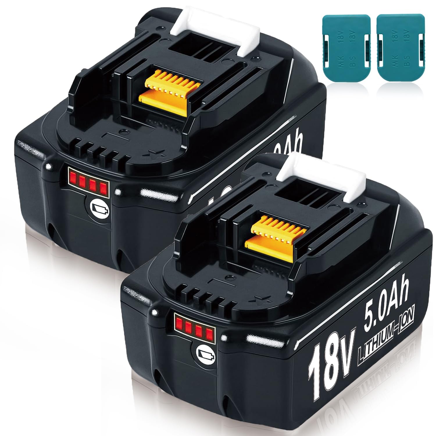 2 x 18V 5Ah/5000mAh Batterie di Ricambio & 2 Supporti, Indicatore LED, Compatibile con Vari Utensili Elettrici da 18V