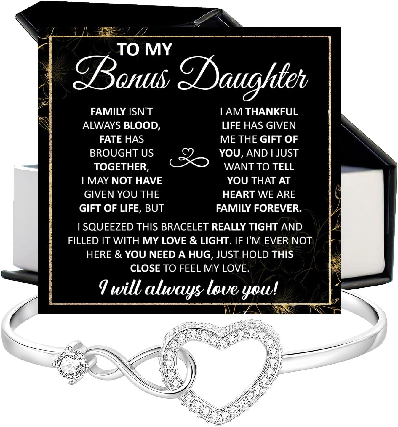 To My Bonus Daughter Bracelet, Stepdaughter Gifts From Stepmom Stepdad, Bonus Daughter Infinity Bracelet Jewelry With Message Card And Box, Christmas Valentine Birthday Gifts For Stepdaughter