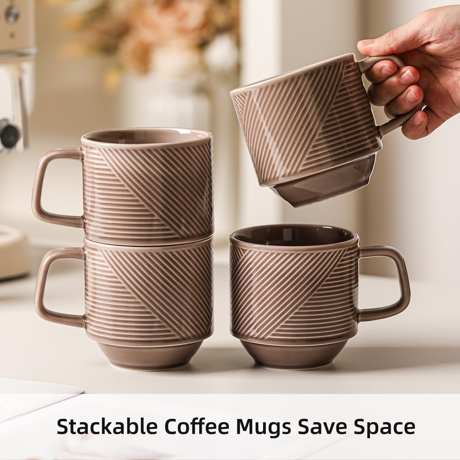 Juego de tazas de café apilables: tazas apilables de cerámica de 13 onzas para té capuchino con leche, taza apta para microondas para el hogar y la oficina, 4 unidades, color gris