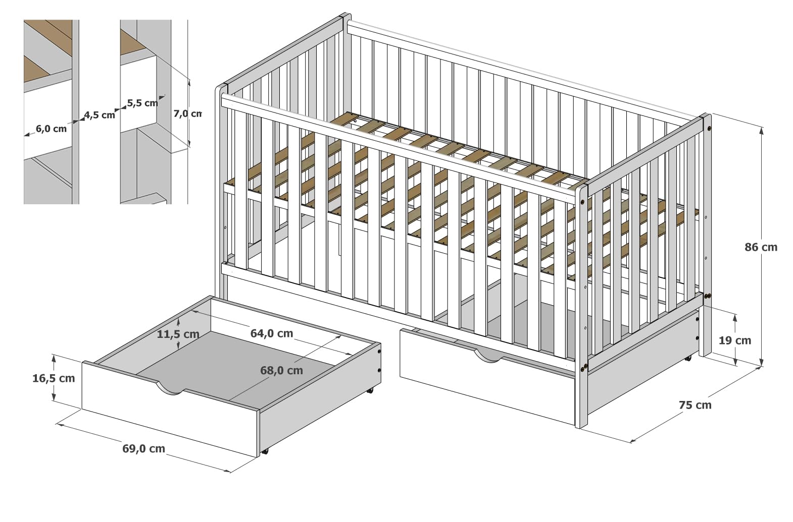 zee Cuna Bebé 140x70 cm Bambi 2 en 1 Convertible en Cama Infantil Verde Menta con 2 Cajones Protección Mordida Ajustable 3 Alturas Cuna Madera