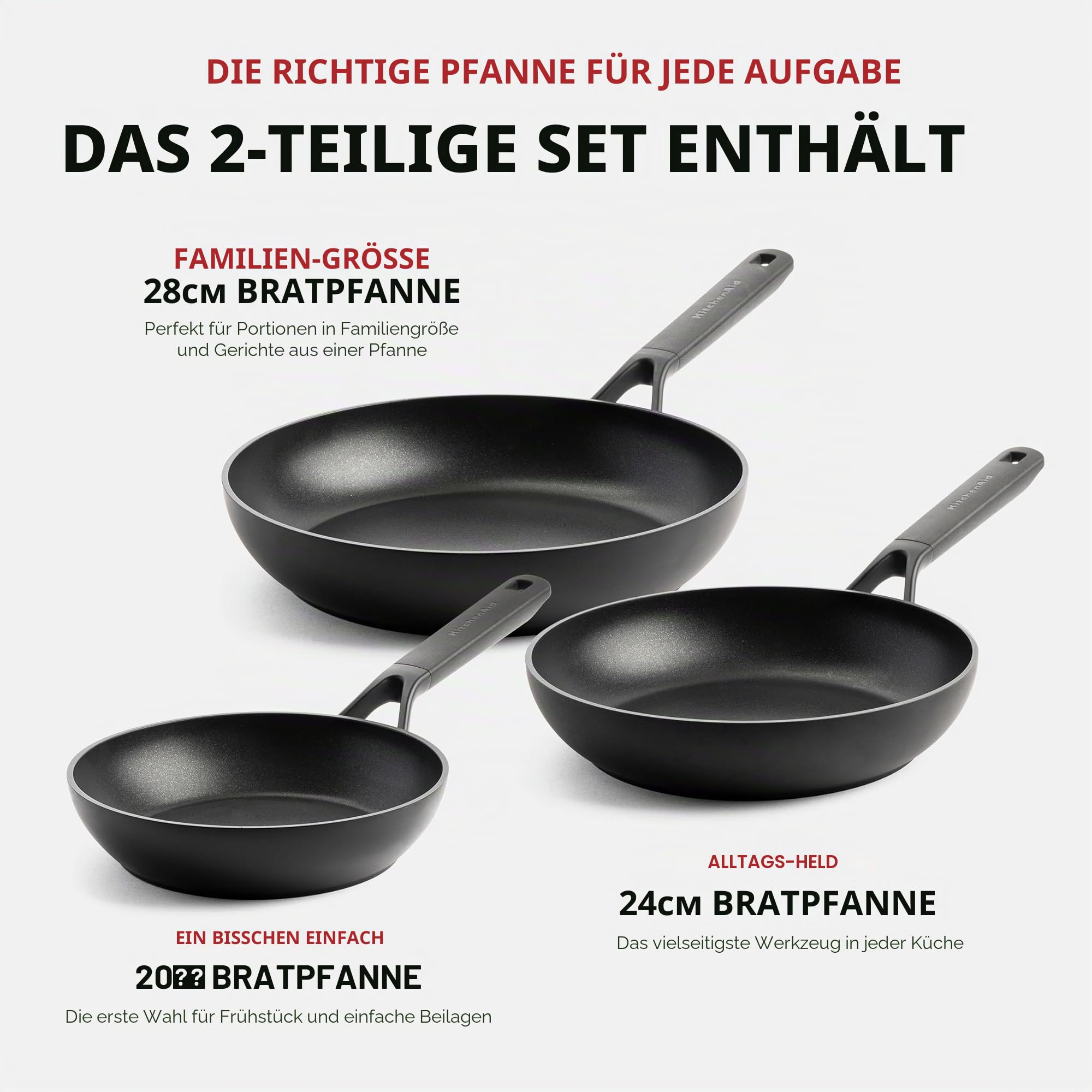 KitchenAid Pfannenset induktion I Classic Frying Pan Set I Pfannen-Set 20/24/28 cm I Hart Anodisiert, PFAS-freie Gesunde Keramische Antihaftbeschichtung, Ofen- und Spülmaschinenfest I Schwarz