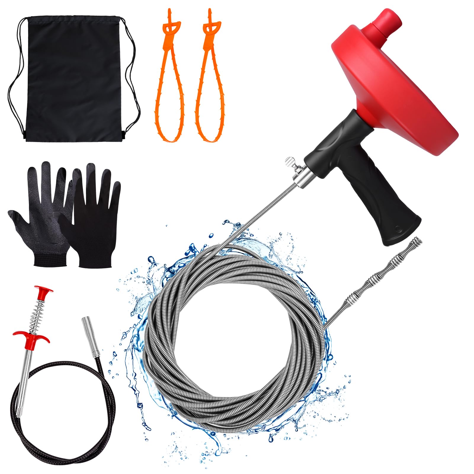 Drain Auger 33 ft, Plumbing Snake Hair Clog Remover Drain Snake Flexible Grabber Heavy Duty Sink Cleaner Tools for Shower Bathtub Bathroom Kitchen Pipe, Red