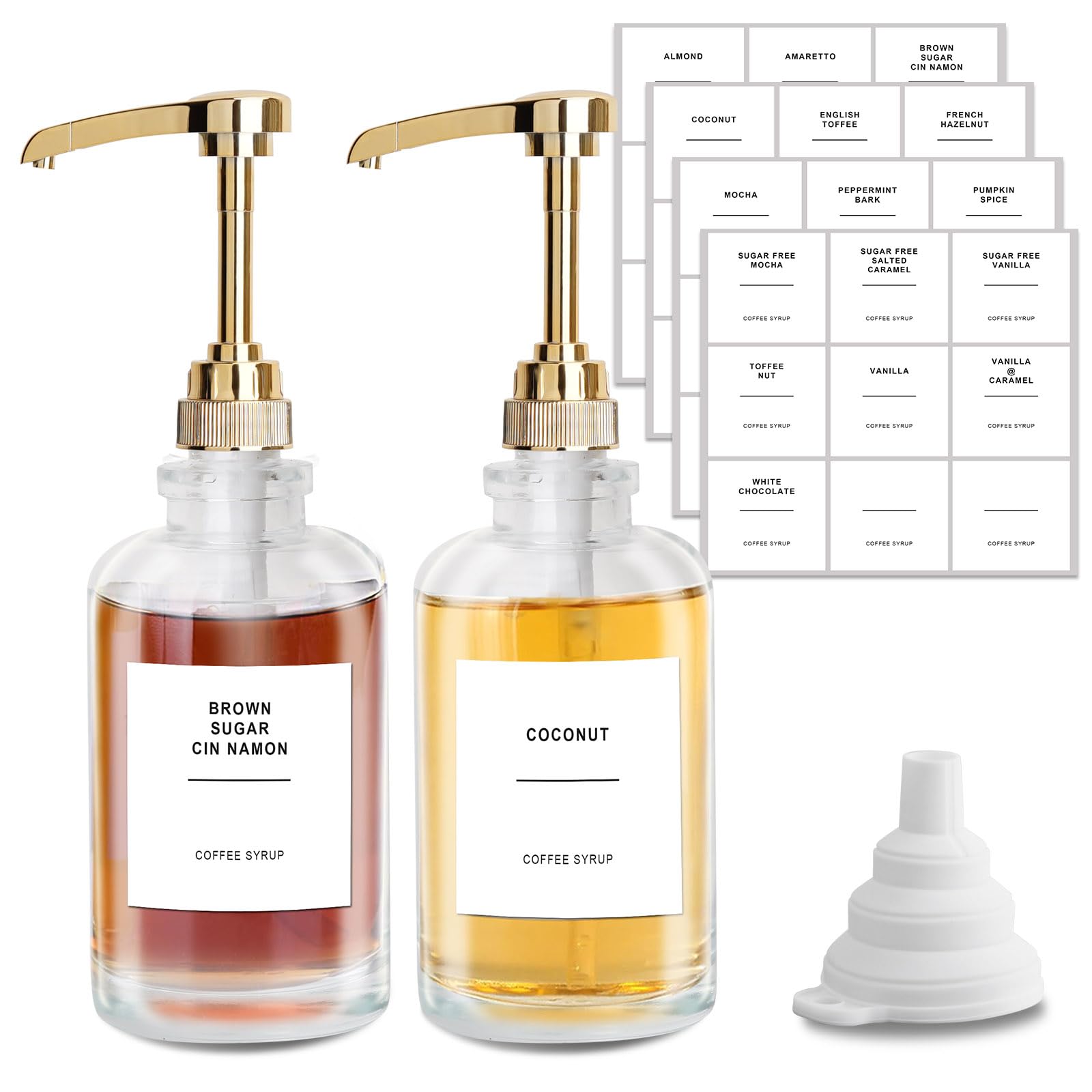 Sunal Distributeur de sirop de café, doré, 500 ml, lot de 2 bouteilles de sirop en verre, distributeur de sirop avec pompe de grande capacité de 0,6 g et 36 étiquettes étanches et entonnoir pour