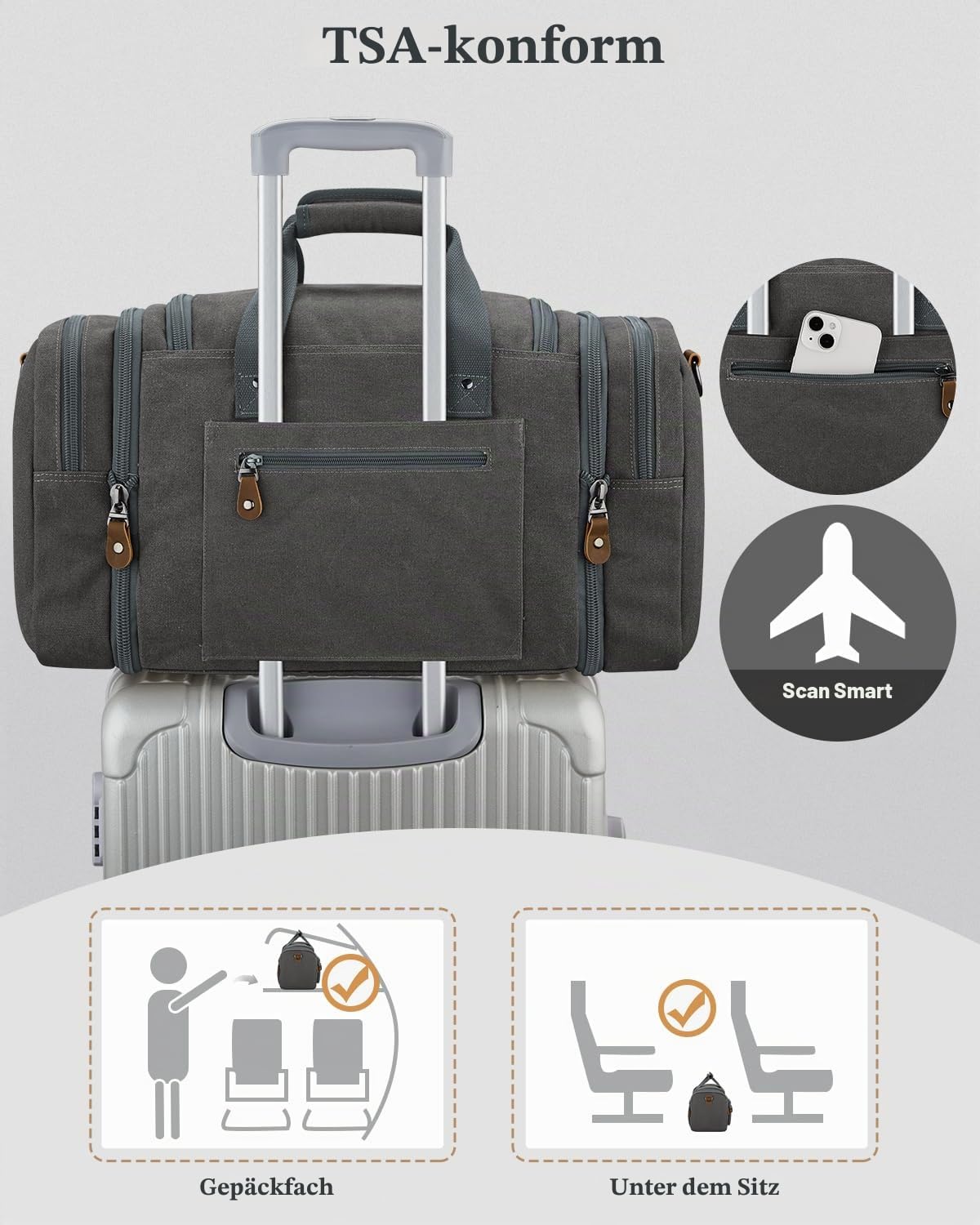 Gonex Canvas Reisetasche für Reisen, erweiterbar, wasserabweisend, 50L Handgepäck Duffeltasche für Übernachtung, Wochenende, Fitnessstudio mit Nass-Trocken-Trenntasche und Koffergriff-Hülle, grau