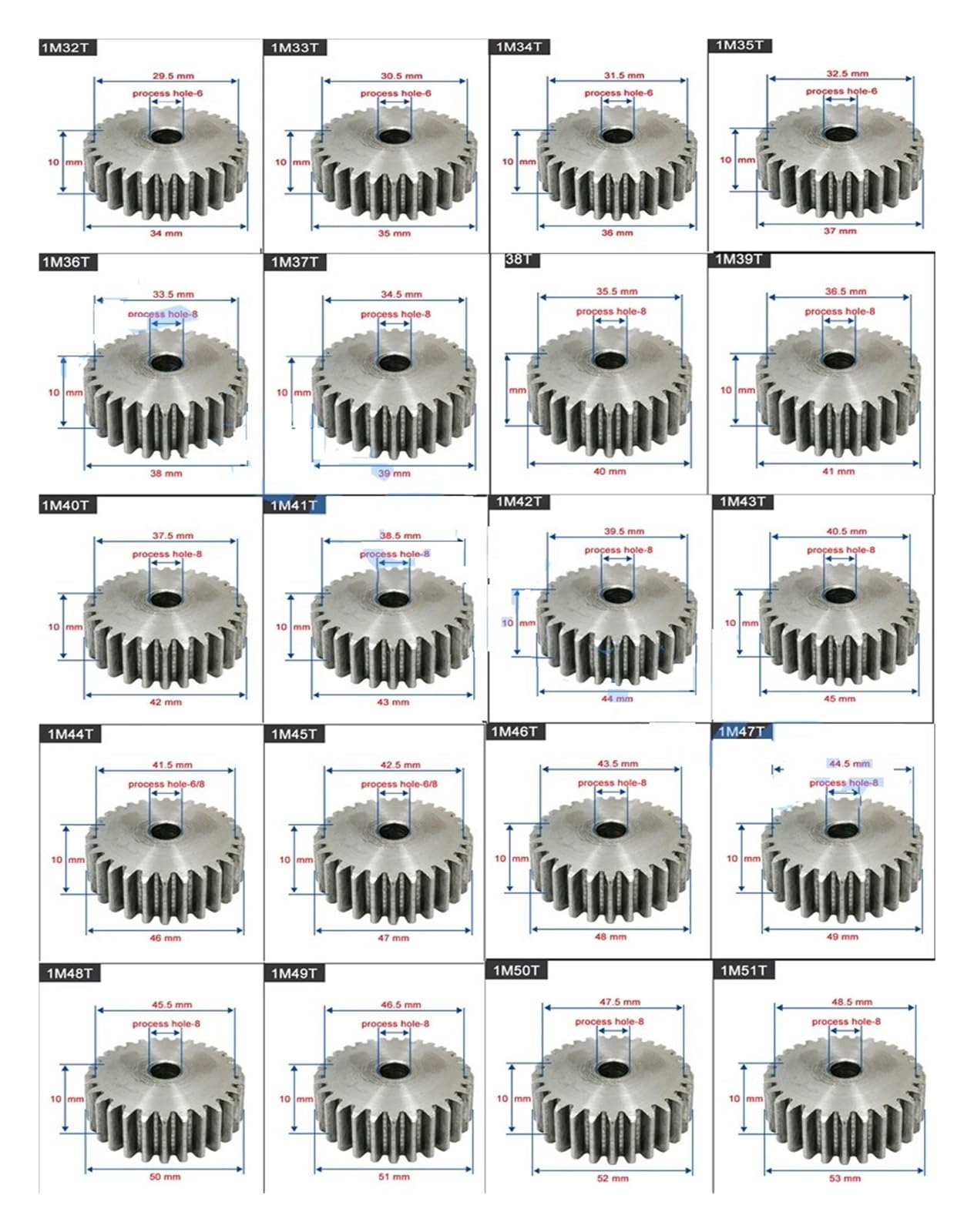 Bevel Gear Pinion Hardware Mechanical 1Mode Spur Gear Teeth Number 27-60 Teeth Outer Diameter 29mm-62mm Thickness 10mm Carbon Steel Material Motor Gear(40 Teeth-OD 42mm)