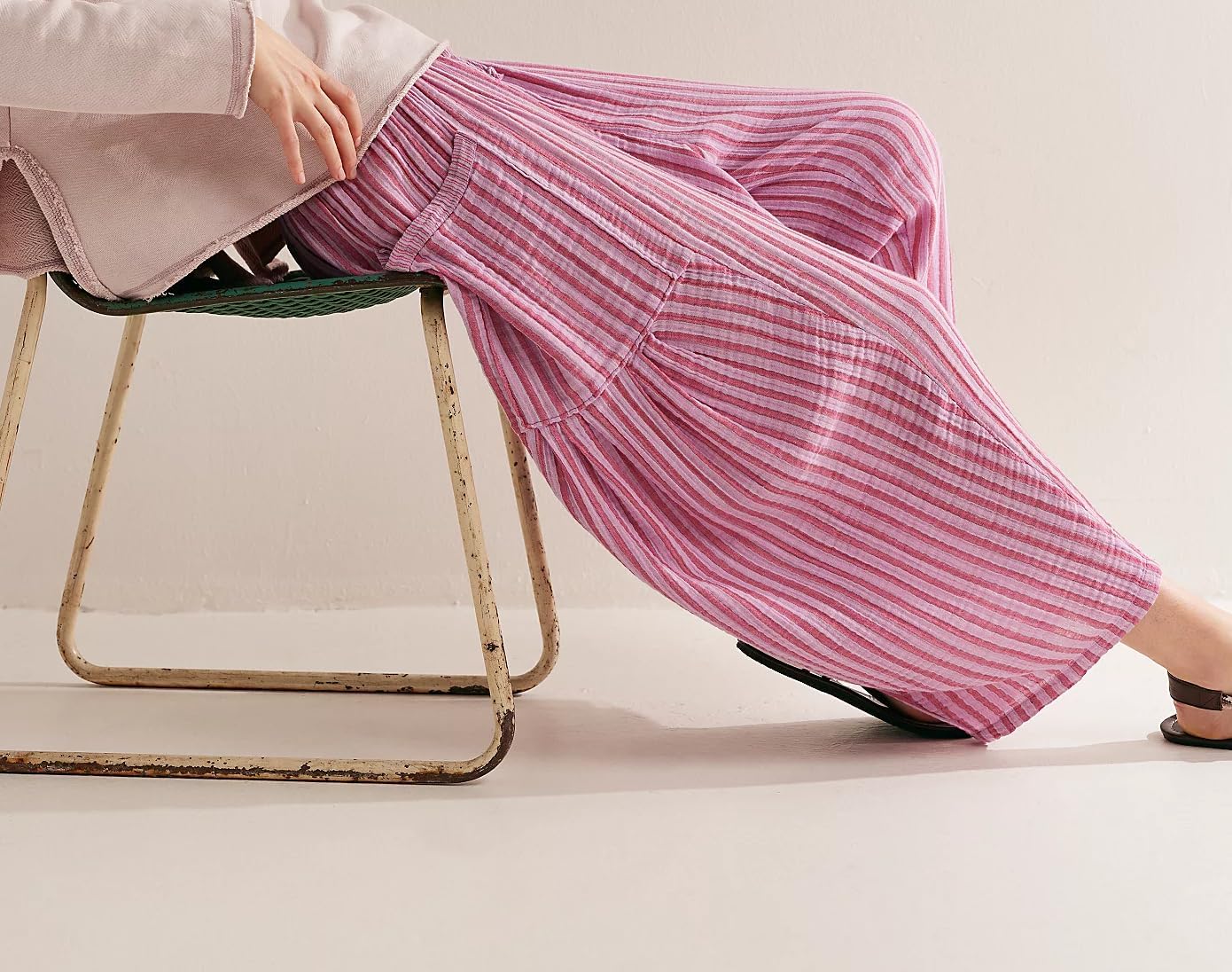 Women Summer Striped Harem Pants Casual Baggy Wide Leg Tapered Trousers Drawstring Waist Palazzo Pants with Pockets - Image 4