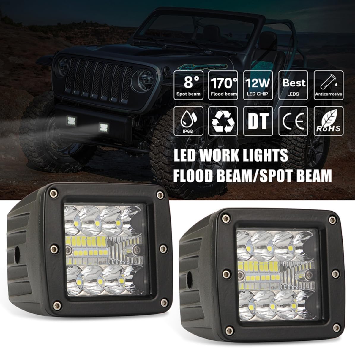 2 Piezas Luz de Trabajo LED Negra para Coche 48w 4800 Lm 10-48v Dc
