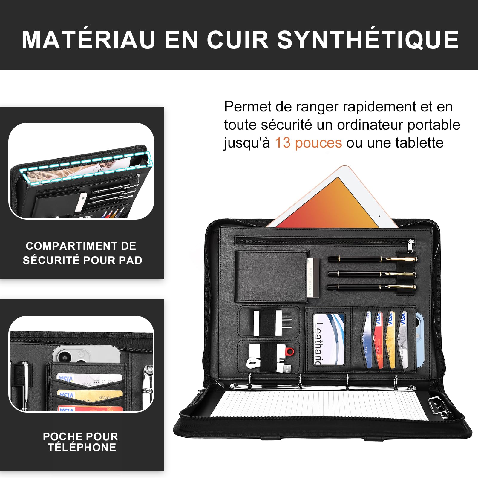 Leathario Porte Documents A4 Portfolio, Organiseur de Conférence 4 Reliures à Anneaux avec 5 Séparateurs, Carnet d'Écriture - Dossier de Présentation Professionnel