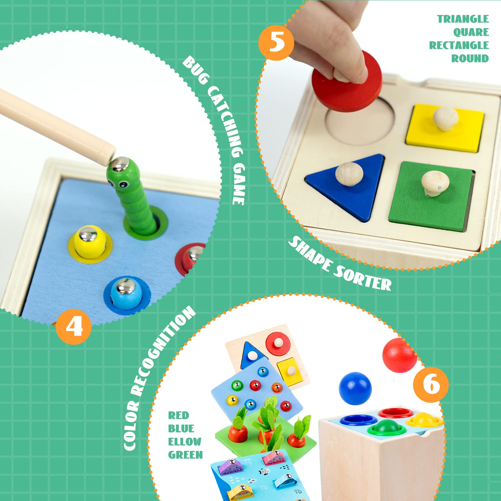 Zabawki Montessori 5 w 1 dla dzieci w wieku 1-2 lat, młotkowe walenie, gra wędkarska, zbieranie marchwi, sortowanie kształtów, gra w łapanie owadów, zabawki sensoryczne dla niemowląt, prezenty dla