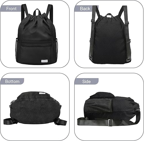 Miniatura 4 de Mochila impermeable con cordón para deportes, gimnasio, con bolsillo de malla, bolsa de playa para hombres y mujeres, negro, (Solid - Black), Mediana