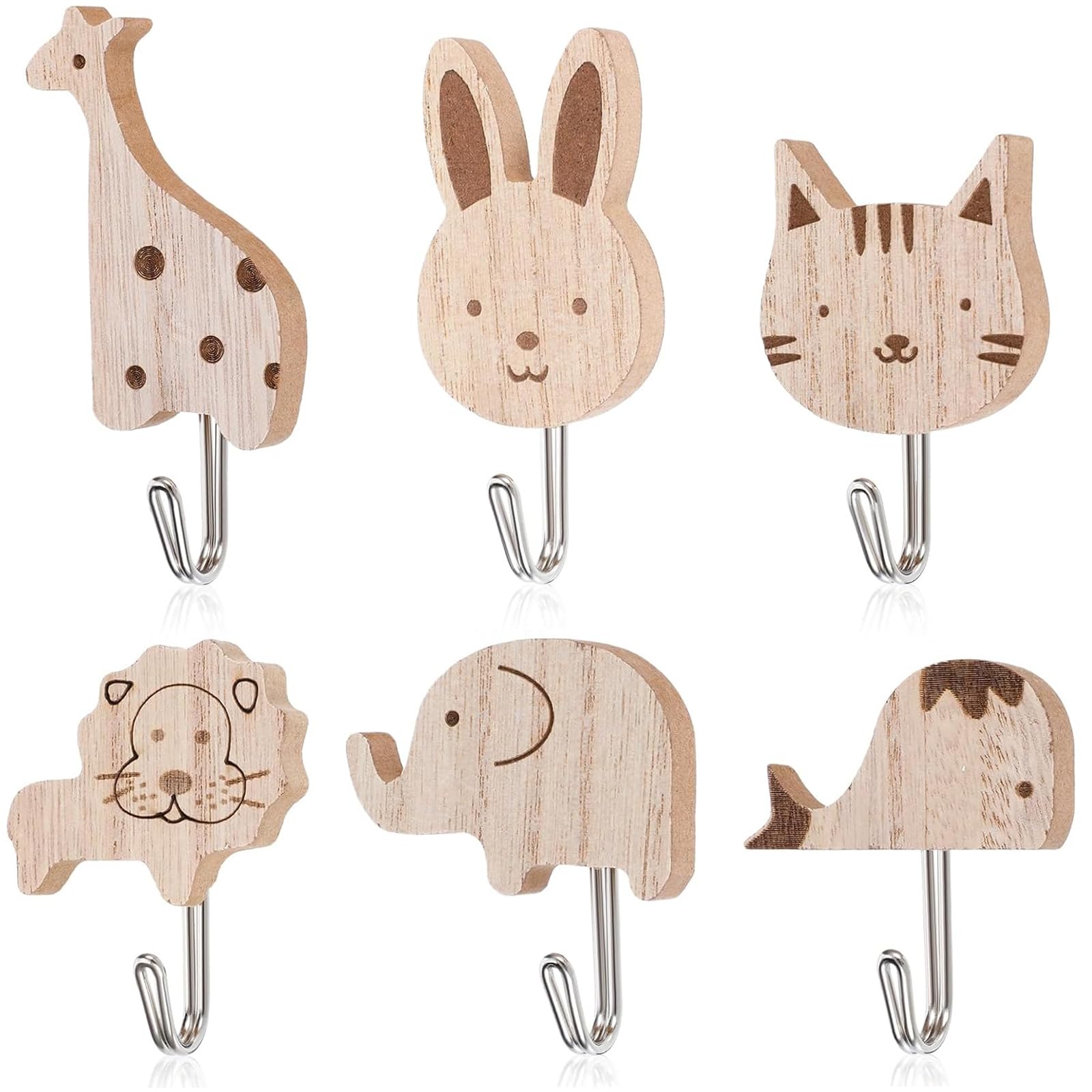 Doodlewitz 6PCS Wooden Animal Wall Hooks, Self-Adhesive Wooden Coat Hooks, Cute Animal Kids Coat Hook, Self-Adhesive Towel Hanger, Wall Mounted Hanger for Towels Bags Hats and Coats Bedroom Decor