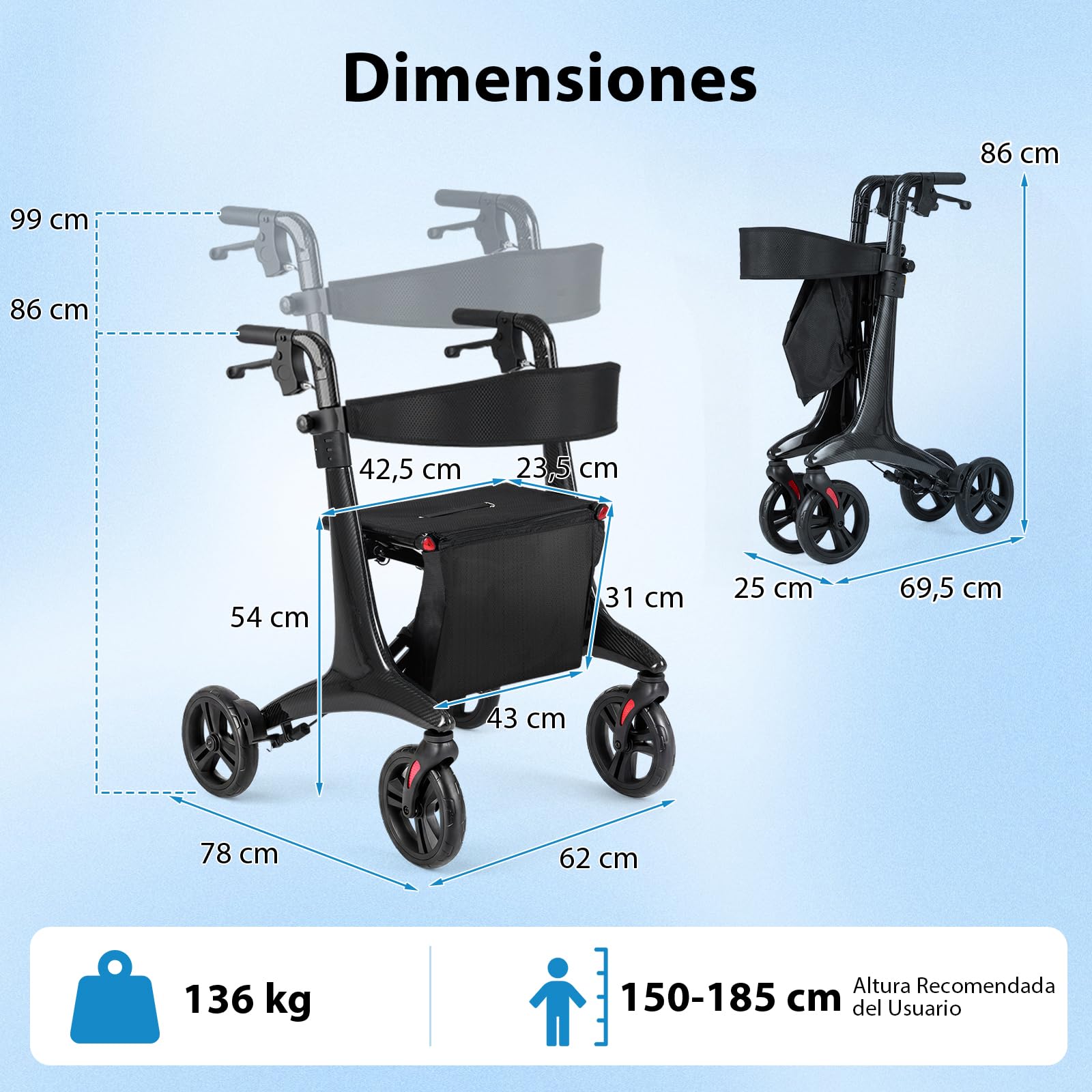 COSTWAY Andador Plegable para Ancianos, Caminadores para Mayores con Asiento, Estructura de Fibra de Carbono, 4 Ruedas de 20 cm, Altura Ajustable, Bolsillo, Tacataca para Ancianos, Carga 136kg