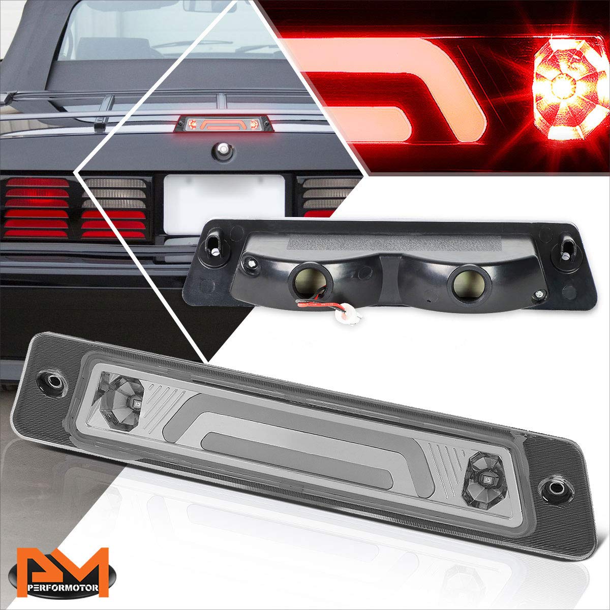 3D LED 3rd Brake Light High Mount Stop Light Compatible with Ford Mustang LX Hatchback w/OEM Spoiler 87-93,Chrome/Clear