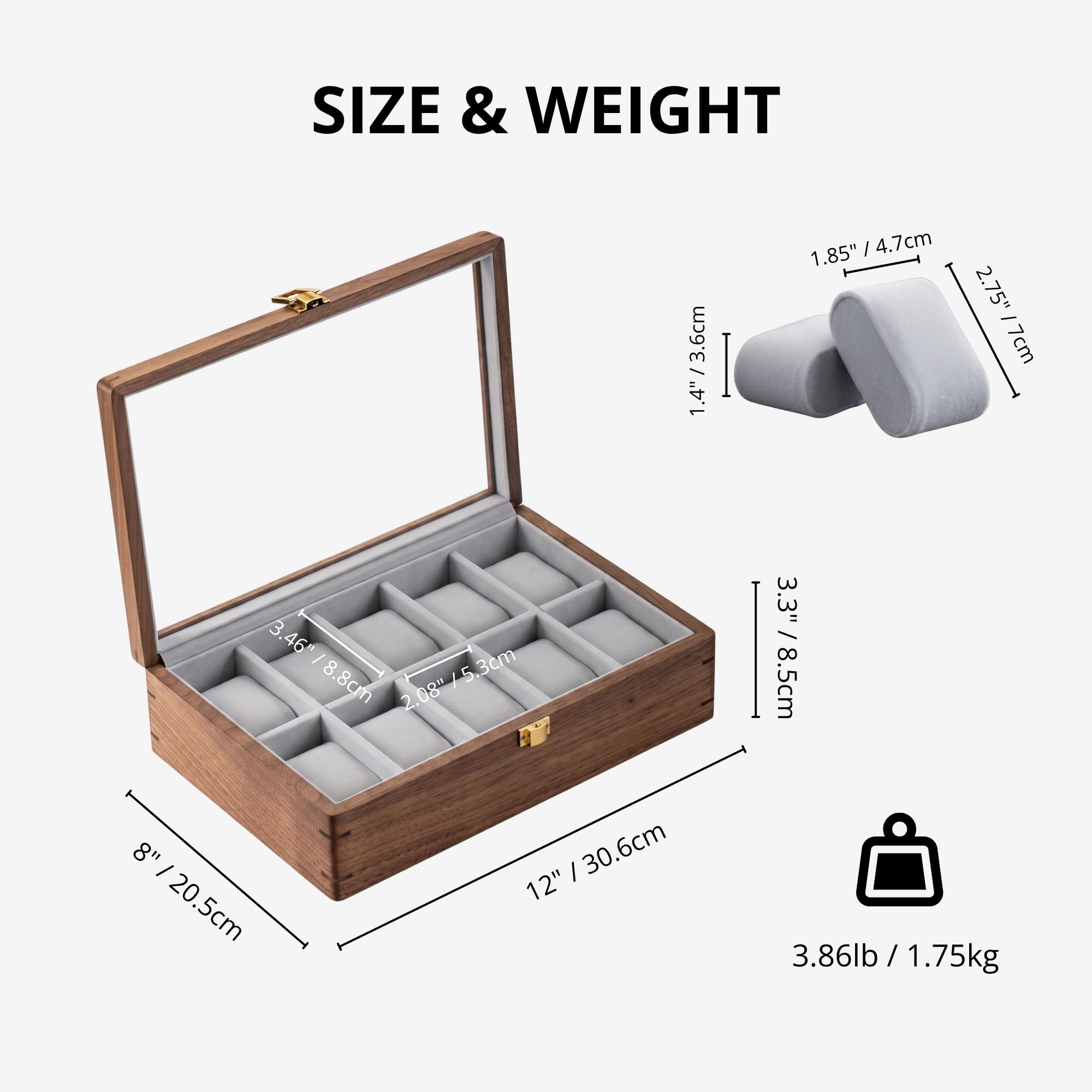 muso wood Boîte de présentation pour montres à 10 emplacements pour homme, boîte de rangement de montres avec couvercle en verre, boîtier de montre avec coussin amovible en velours, cadeau de fête des