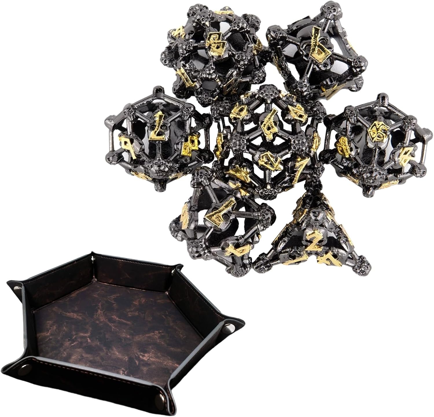7-Piece Set Black and Yellow Skull Metal Dice, Hollow Polyhedron, Compatible with Role-Playing RPG Board Game Card Game