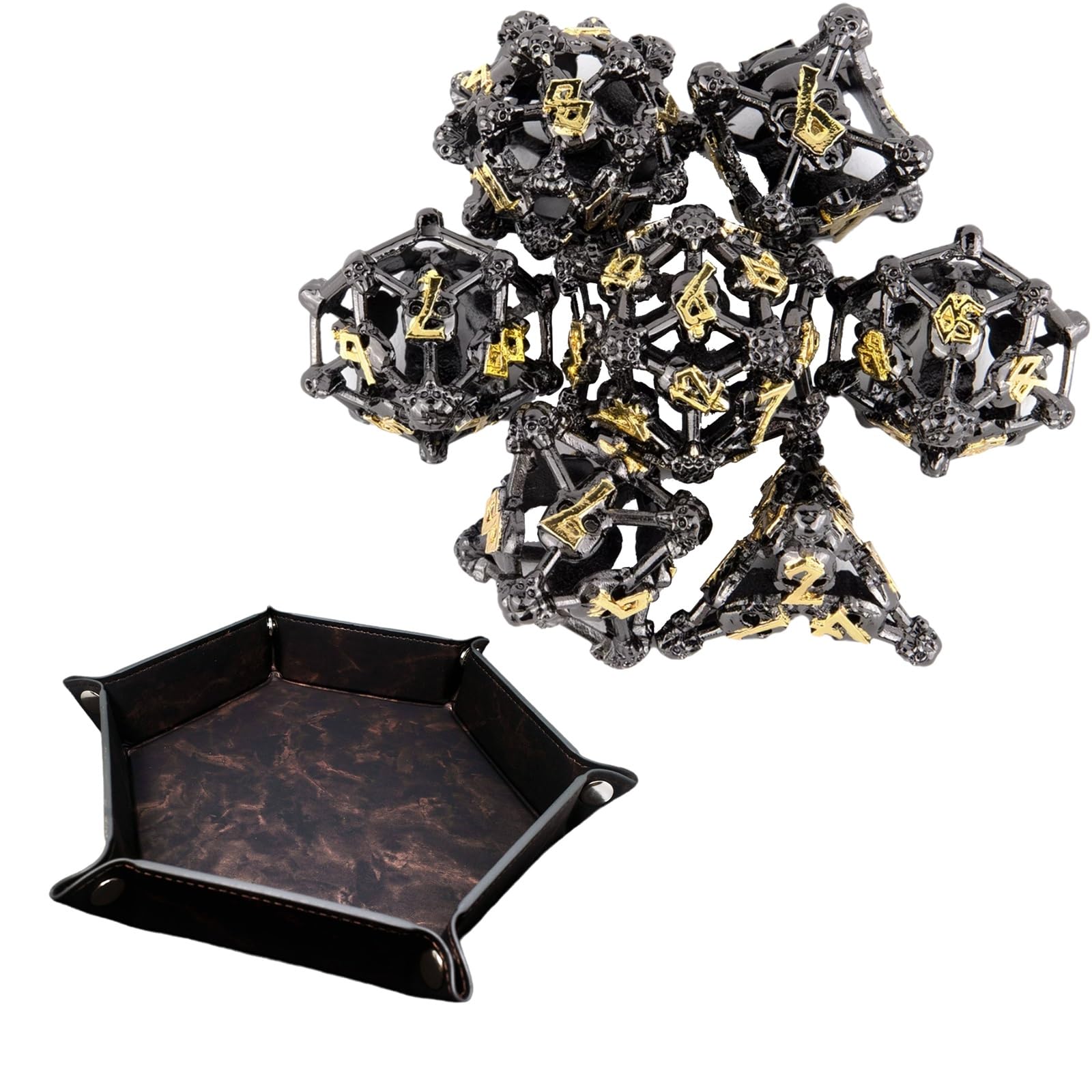 Ensemble de 7 Dés en Métal à Tête de Mort Noire et Jaune, Polyèdres Creux, Compatibles avec Les Jeux de Rôle de Plateau et de Cartes