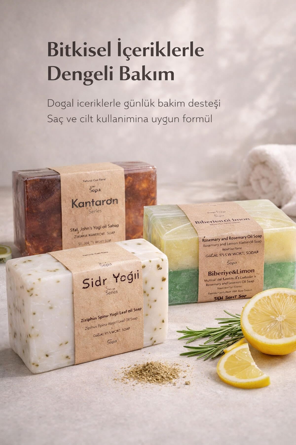 Saç ve Saç Derisi Bakımı için Onarıcı Doğal Sabun Seti, Kepek Karşıtı, Sidr Kantaron Biberiye Limon