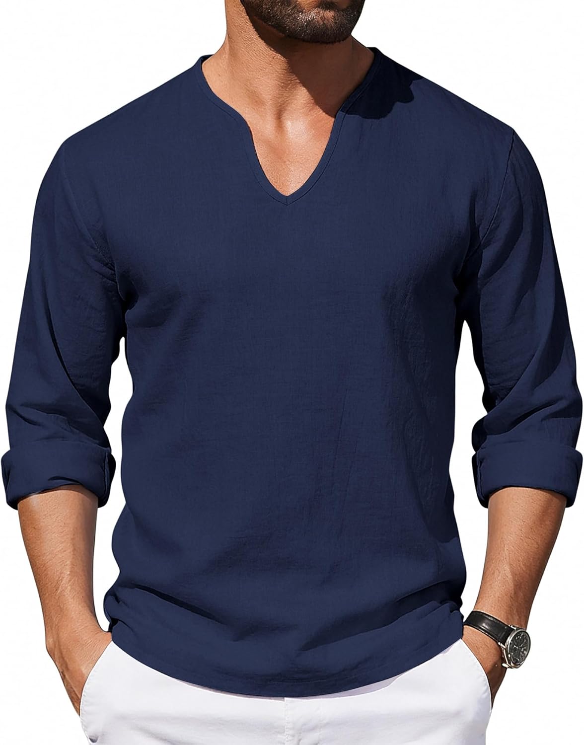 Mens Cotton Linen Shirts V-Neck Shirts Casual Long Sleeve Hippie Yoga Tops Lightweight Summer Beach Shirt
