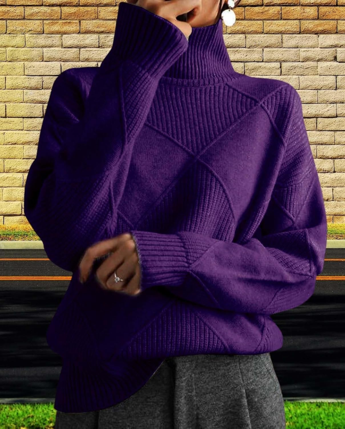 Womens Oversized High Neck Pullover Sweater Casual Fashion Long Sleeve Solid Color Crew Knit Sweater - Image 3