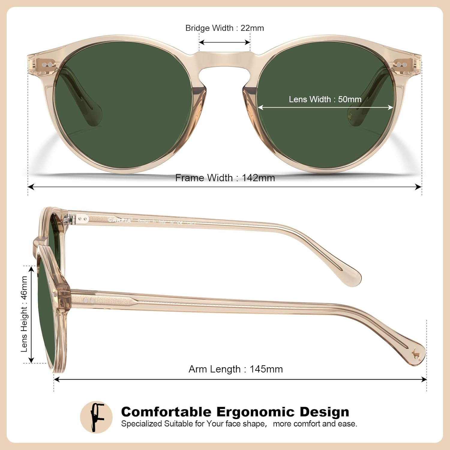 CARFIA Retro Round Polarized Mens Sunglasses UV Protection Acetate Frame CA5289L - Image 6