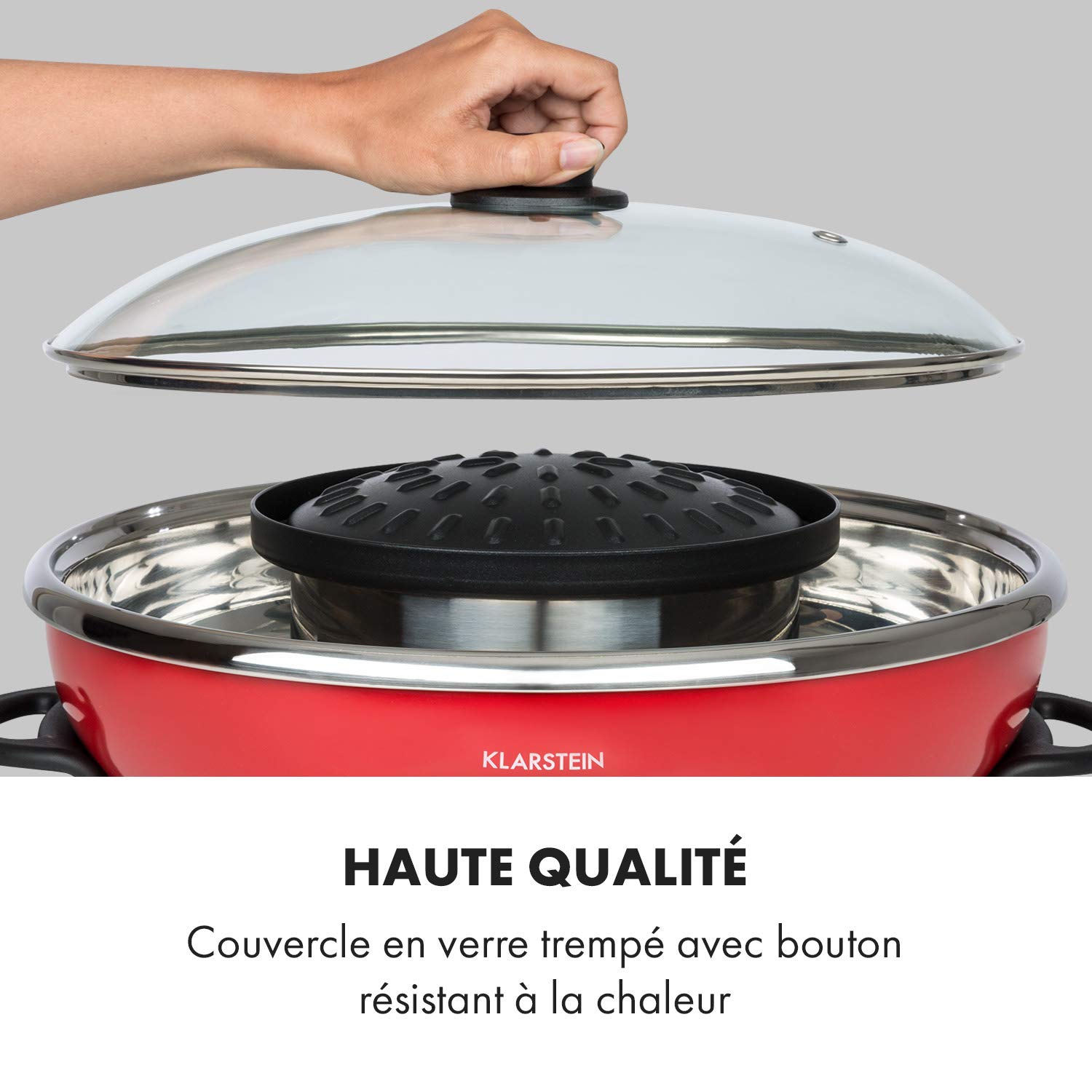 Klarstein Szechuan - Hot Pot et plaque de gril, Volume de la marmite Hot Pot : 5 litres, Gril 1350 watts / 38 cm Ø, Plaque de : 600 watts / 22 cm Ø, Élément chauffant en aluminium, rouge