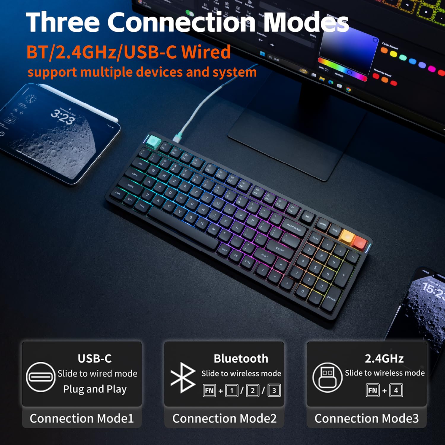 nuphy Air100 V3 - Tastiera meccanica wireless a basso profilo, 99 tasti, layout 100%, struttura guarnizione con pulsante, hot swap, RGB, supporta Bluetooth/2,4 GHz/USB-C (layout americano)